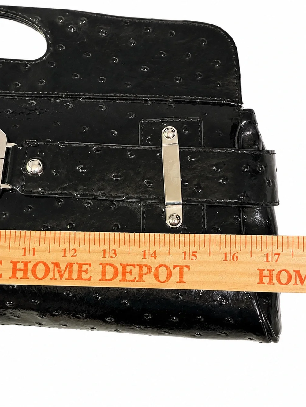 Guess Black Patent Ostrich Large Embossed Handbag Silver Hardware Clutch Purse